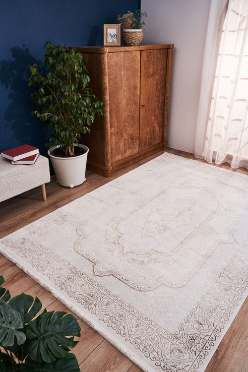 Machine Made Area Rug – Beige Classic Cotton Yarn Carpet for Living Room