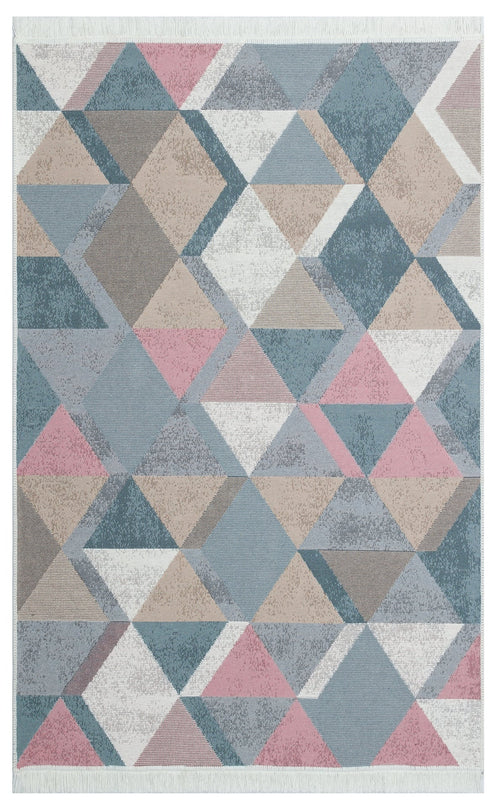 Blue Cotton Kilim Rug - Geometric Washable Non Slip Flatweave Carpet