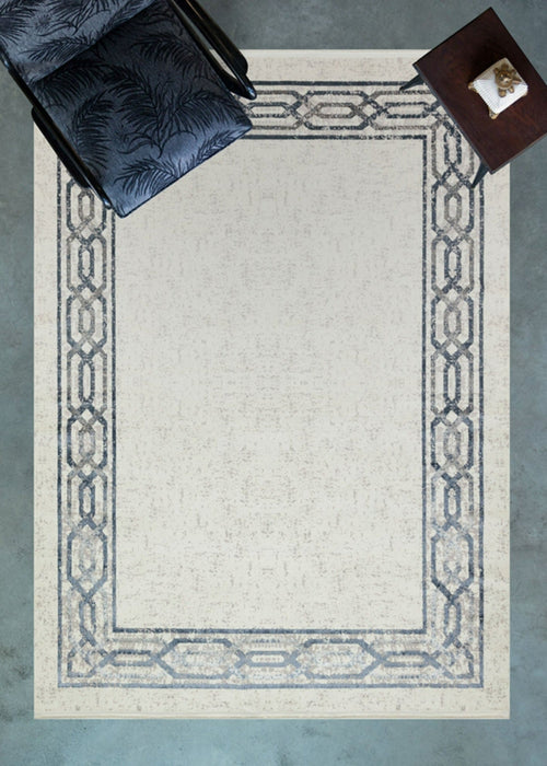 Machine Made Area Rug – Grey Blue Frame Style Cotton Woven Carpet for Living Room