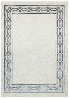 Machine Made Area Rug – Grey Blue Frame Style Cotton Woven Carpet for Living Room