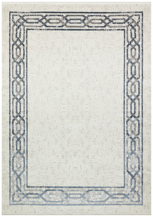 Machine Made Area Rug – Grey Blue Frame Style Cotton Woven Carpet for Living Room