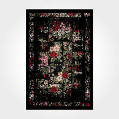 Black Floral Area Rug – Washable Non Slip Chenille Cotton Carpet with Floral Pattern
