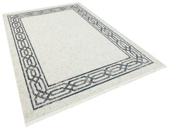 Machine Made Area Rug – Grey Blue Frame Style Cotton Woven Carpet for Living Room