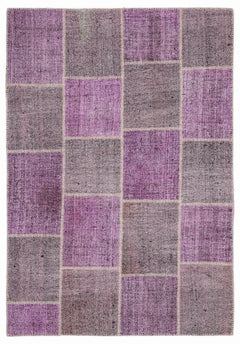 Teselya 1012 Purple Patchwork Wool Handmade Area Rug 5'3" x 7'7"