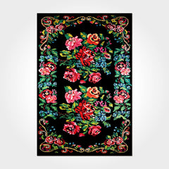 Black Floral Area Rug - Washable Non Slip Chenille Cotton Rug for Living Room