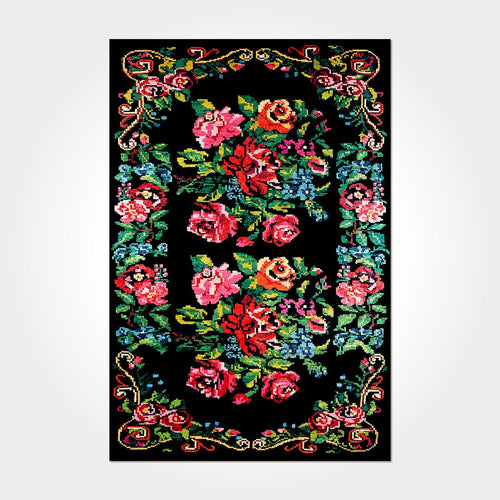 Black Floral Area Rug - Washable Non Slip Chenille Cotton Rug for Living Room