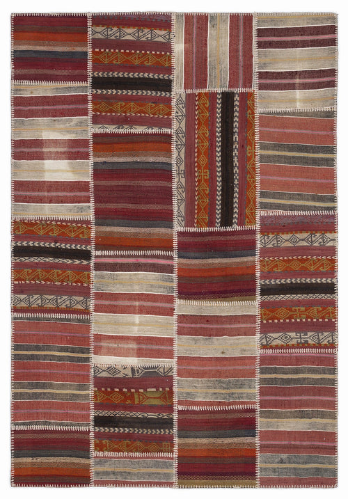 Teselya Red Striped Wool Handmade Area Rug 5'3" x 7'7"