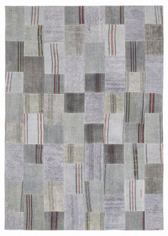 Teselya 1047 Grey Striped Wool Handmade Area Rug 5'3" x 7'7"