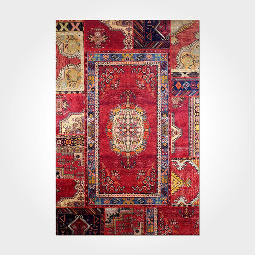 Red Digital Print Rug – Washable Non Slip Chenille Cotton Area Rug with Modern Frame Style