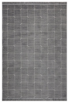 Geometric Area Rug - Machine Made Anthracite Polyester Rug With Fringed & Overlock Edge