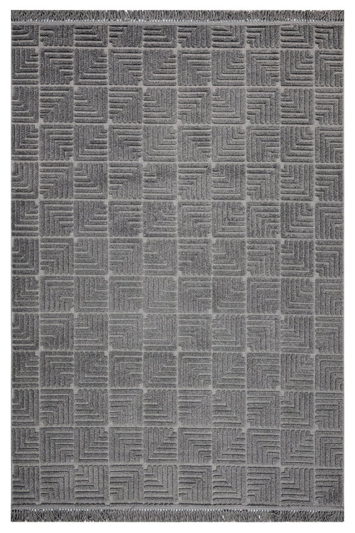 Geometric Area Rug - Machine Made Anthracite Polyester Rug With Fringed & Overlock Edge