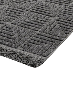 Geometric Area Rug - Machine Made Anthracite Polyester Rug With Fringed & Overlock Edge