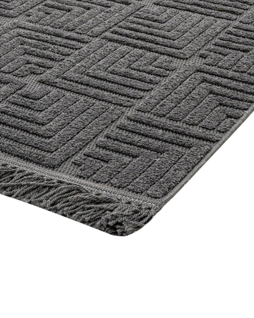Geometric Area Rug - Machine Made Anthracite Polyester Rug With Fringed & Overlock Edge