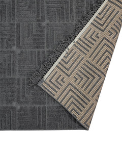 Geometric Area Rug - Machine Made Anthracite Polyester Rug With Fringed & Overlock Edge