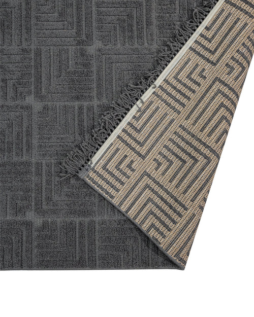 Geometric Area Rug - Machine Made Anthracite Polyester Rug With Fringed & Overlock Edge