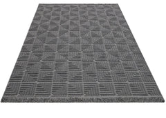Geometric Area Rug - Machine Made Anthracite Polyester Rug With Fringed & Overlock Edge