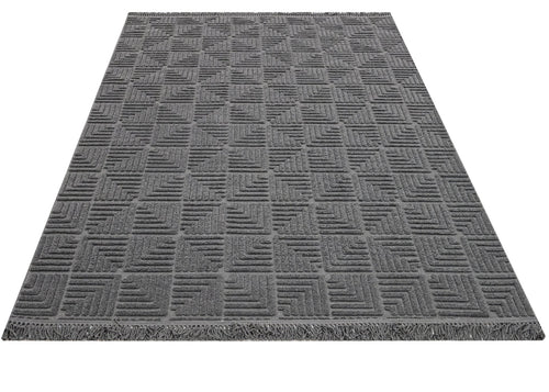 Geometric Area Rug - Machine Made Anthracite Polyester Rug With Fringed & Overlock Edge