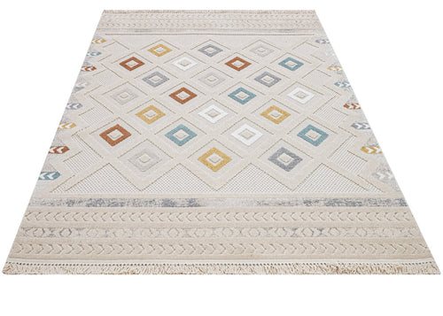 Geometric Area Rug - Machine Made Polyester Rug with 7 mm Pile & Fringed Edge