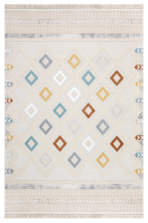 Geometric Area Rug - Machine Made Polyester Rug with 7 mm Pile & Fringed Edge