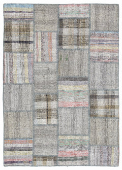 Teselya 1066 Grey Striped Wool Handmade Area Rug 5'3" x 7'7"
