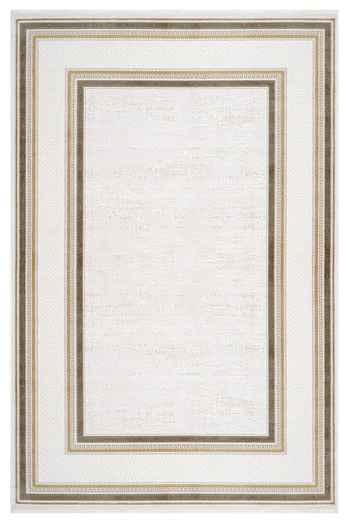 Beige Area Rug – Machine Made Rug with Framed Pattern & 8mm Pile Height