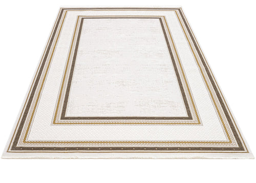 Beige Area Rug – Machine Made Rug with Framed Pattern & 8mm Pile Height