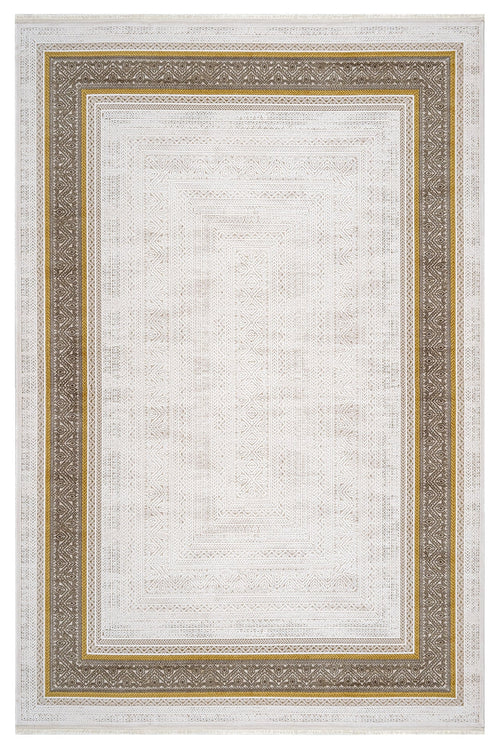 Beige Area Rug – Machine Made Rug with Framed Pattern, 8 mm Pile Height