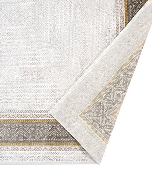 Beige Area Rug – Machine Made Rug with Framed Pattern, 8 mm Pile Height