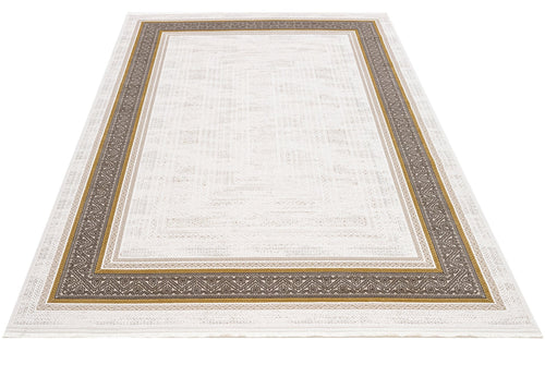 Beige Area Rug – Machine Made Rug with Framed Pattern, 8 mm Pile Height