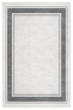 Grey Area Rug - Machine Made Rug with Framed Pattern & Overlock Edge Design