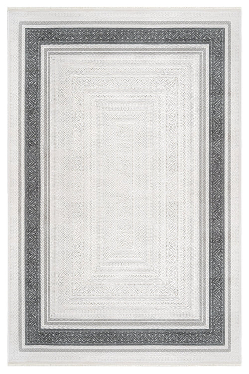 Grey Area Rug - Machine Made Rug with Framed Pattern & Overlock Edge Design