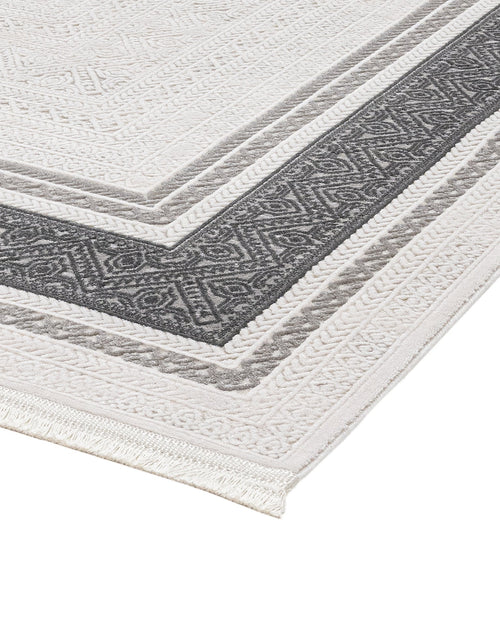 Grey Area Rug - Machine Made Rug with Framed Pattern & Overlock Edge Design