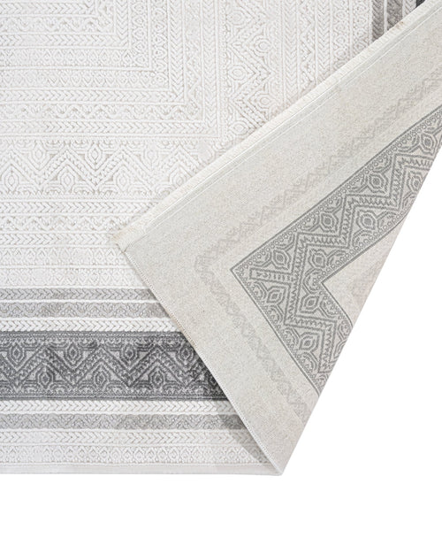 Grey Area Rug - Machine Made Rug with Framed Pattern & Overlock Edge Design
