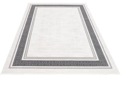 Grey Area Rug - Machine Made Rug with Framed Pattern & Overlock Edge Design