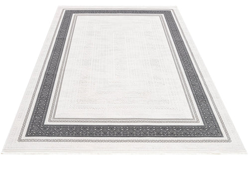 Grey Area Rug - Machine Made Rug with Framed Pattern & Overlock Edge Design