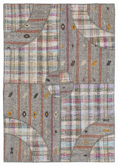 Teselya 1074 Grey Striped Wool Handmade Area Rug 5'3" x 7'7"