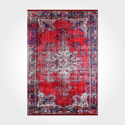 Vintage Chenille Area Rug – Washable Non Slip Red Polyester Cotton Carpet