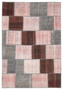 Teselya 1112 Pink Patchwork Wool Handmade Area Rug 5'3" x 7'7"