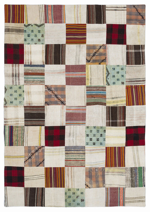 Teselya 1115 Beige Patchwork Wool Handmade Area Rug 5'3" x 7'7"