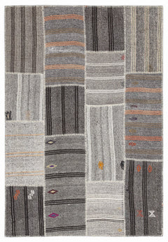 Teselya 1118 Grey Striped Wool Handmade Area Rug 5'3" x 7'7"