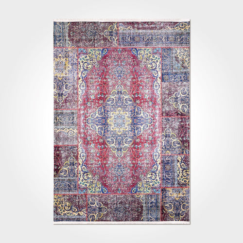 Vintage Area Rug - Washable Non Slip Red Chenille Cotton Carpet for Living Room