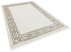 Machine Made Area Rug – Beige Frame Style Carpet With Cotton Yarn, Non Shedding
