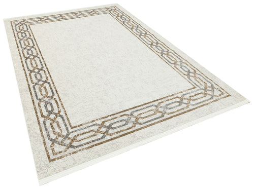 Machine Made Area Rug – Beige Frame Style Carpet With Cotton Yarn, Non Shedding