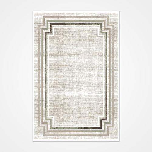 Beige Area Rug – Machine Made Rug with Frame Design | 10mm Pile Height, Washable Non Slip
