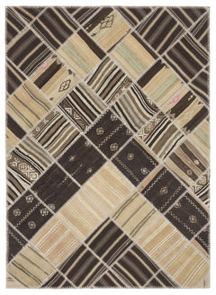 Teselya Beige Striped Wool Handmade Area Rug 5'5" x 8'2"