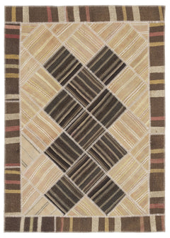 Teselya Beige Striped Wool Handmade Area Rug 5'1" x 8'6"