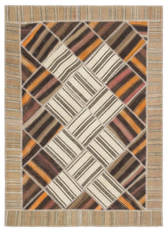Teselya 11512 Beige Striped Wool Handmade Area Rug 5'7" x 7'10"