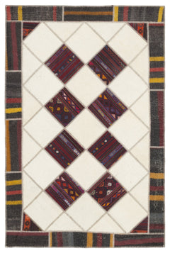 Teselya Beige Striped Wool Handmade Area Rug 5'4" x 8'10"