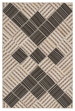 Teselya Beige Striped Wool Handmade Area Rug 5'9" x 8'8"