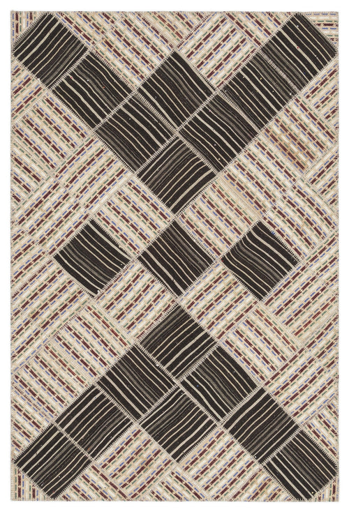 Teselya Beige Striped Wool Handmade Area Rug 5'9" x 8'8"